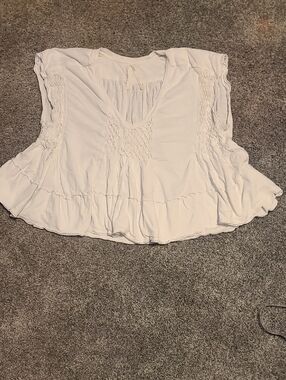 Anthropologie White Smocked Flutter Tunic Top